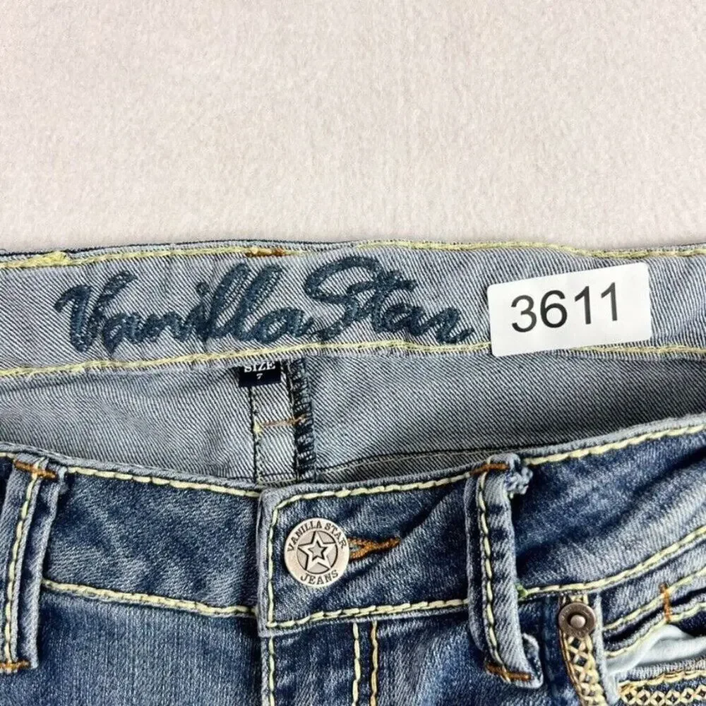 Vanilla Star Jeans Womens 7 Blue Denim Bootcut Embroidered Detail Distressed